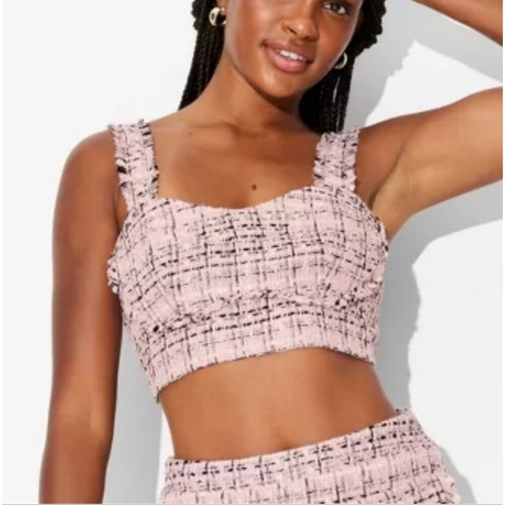 New Wild Fable Tweed Plaid Crop Top Pink Square Neck Smocked Back XXS Coquette